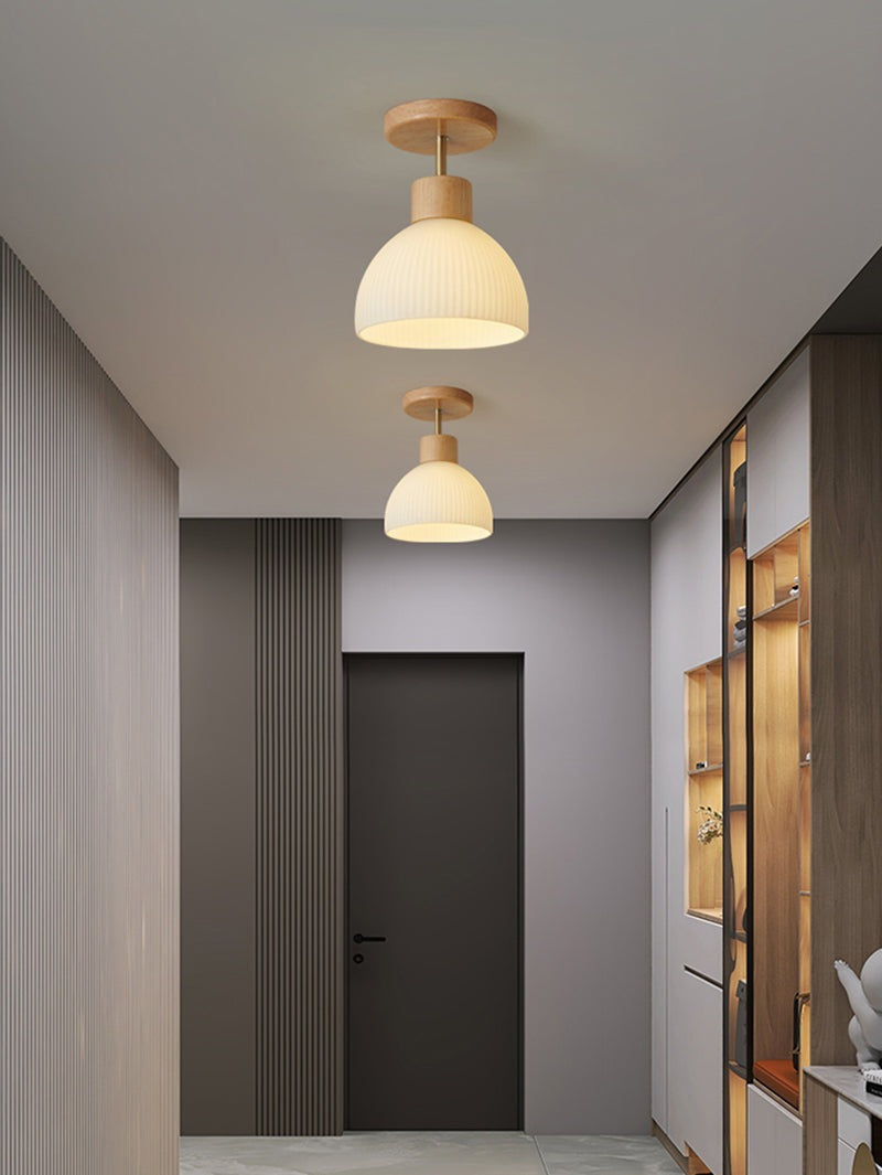 Ribbed Ceramic Cup LED Flush Mount Ceiling Light with Wooden Fixture in Scandinavian Style_Oak_in Modern Hallway