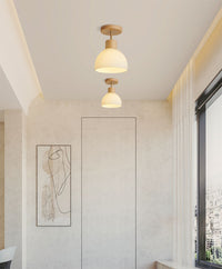 Ribbed Ceramic Cup LED Flush Mount Ceiling Light with Wooden Fixture in Scandinavian Style_Oak_in Nordic Living Room