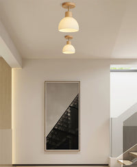 Ribbed Ceramic Cup LED Flush Mount Ceiling Light with Wooden Fixture in Scandinavian Style_Oak_in Scandinavian Hallway