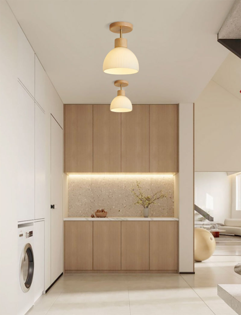 Ribbed Ceramic Cup LED Flush Mount Ceiling Light with Wooden Fixture in Scandinavian Style_Oak_in Minimalist Living Room