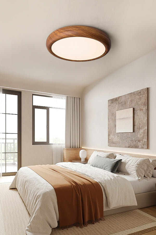 Round Curvy Wooden LED Flush Mount Ceiling Light in Scandinavian Style in Nordic Bedroom