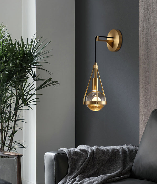 Shiny LED Glass Raindrop Wall Light with Brushed Brass Frame in Modern & Contemporary Style in Modern Living Room