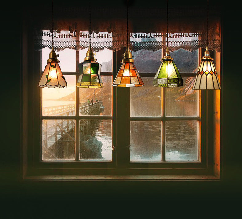 Vintage Green Leaves Stained Bubbly Glass Ceiling Pendant Light