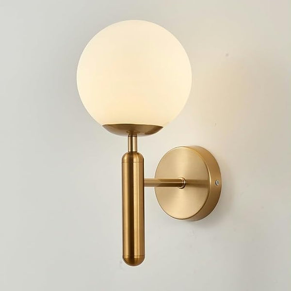 Upright Milky Glass Ball LED Wall Light with Brushed Brass Lamp Fixture in Mid-Century Modern Style