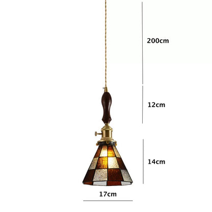 Vintage Brown Checkered Stained Bubbly Glass Ceiling Pendant Light