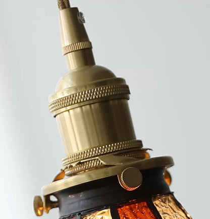 Vintage Brown Checkered Stained Bubbly Glass Ceiling Pendant Light