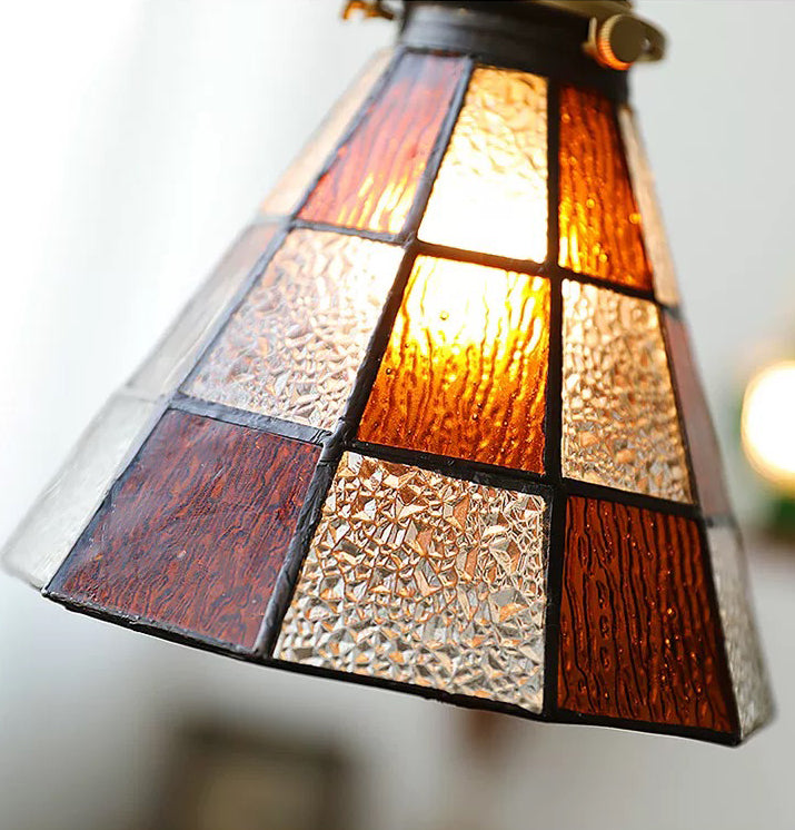 Vintage Brown Checkered Stained Bubbly Glass Ceiling Pendant Light