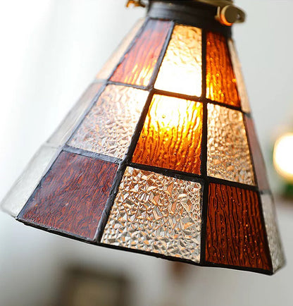 Vintage Brown Checkered Stained Bubbly Glass Ceiling Pendant Light