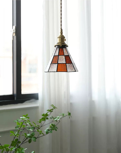 Vintage Brown Checkered Stained Bubbly Glass Ceiling Pendant Light
