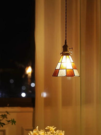 Vintage Brown Checkered Stained Bubbly Glass Ceiling Pendant Light
