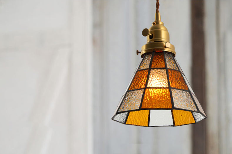 Vintage Brown Checkered Stained Bubbly Glass Ceiling Pendant Light