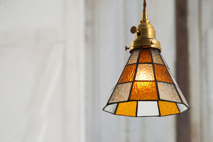 Vintage Brown Checkered Stained Bubbly Glass Ceiling Pendant Light