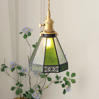 Vintage Green Striped Stained Bubbly Glass Ceiling Pendant Light