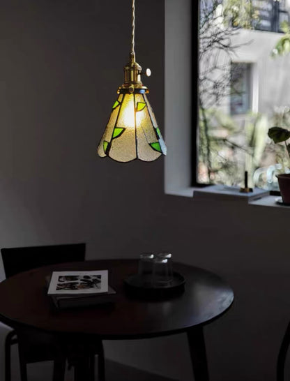 Vintage Green Leaves Stained Bubbly Glass Ceiling Pendant Light