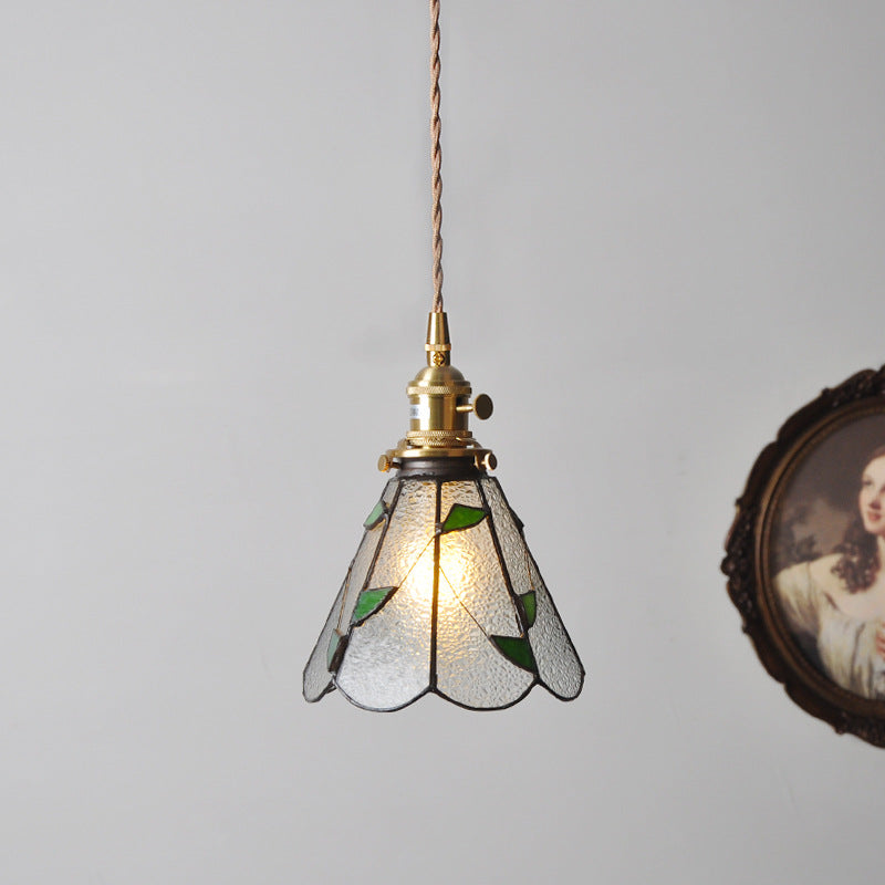 Vintage Green Leaves Stained Bubbly Glass Ceiling Pendant Light