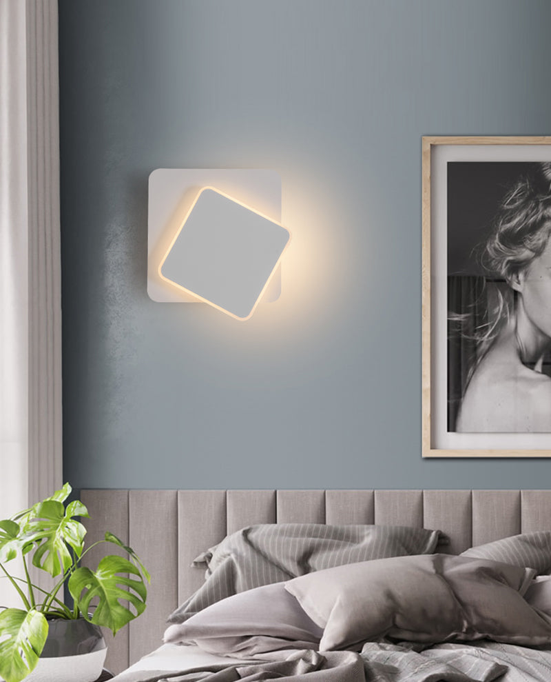 White Geometric LED Wall Light in Scandinavian Style Square in Modern Bedroom