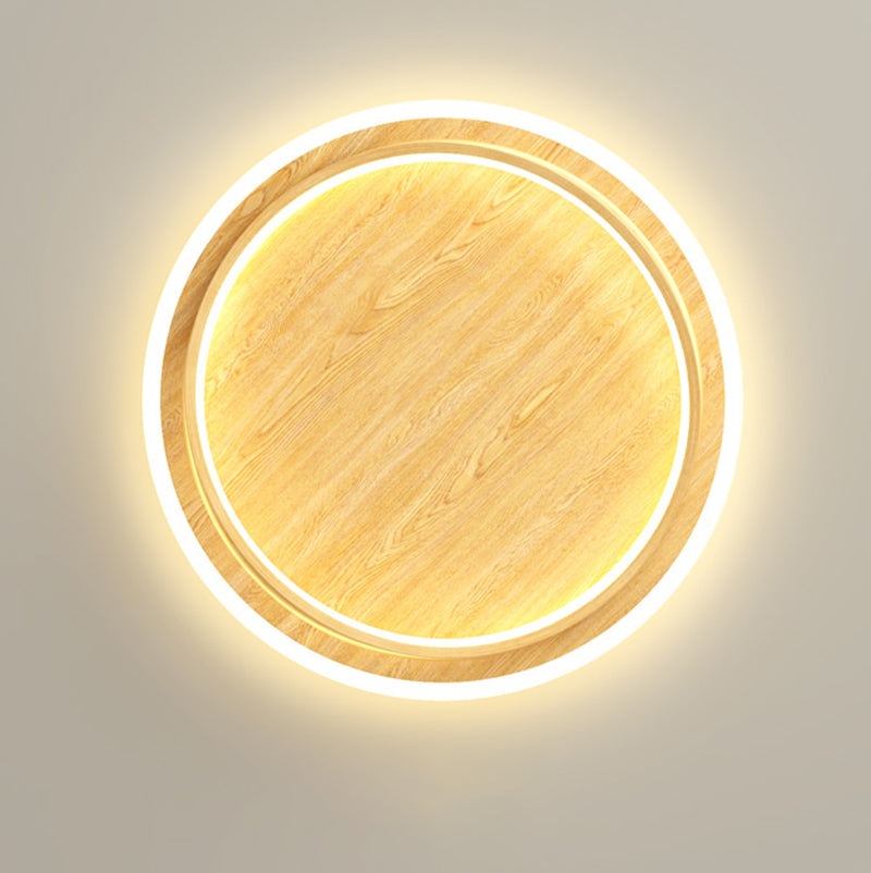Wooden LED Flush Mount Ceiling Light with Metal Ring in Modern & Contemporary Style Oak Close up