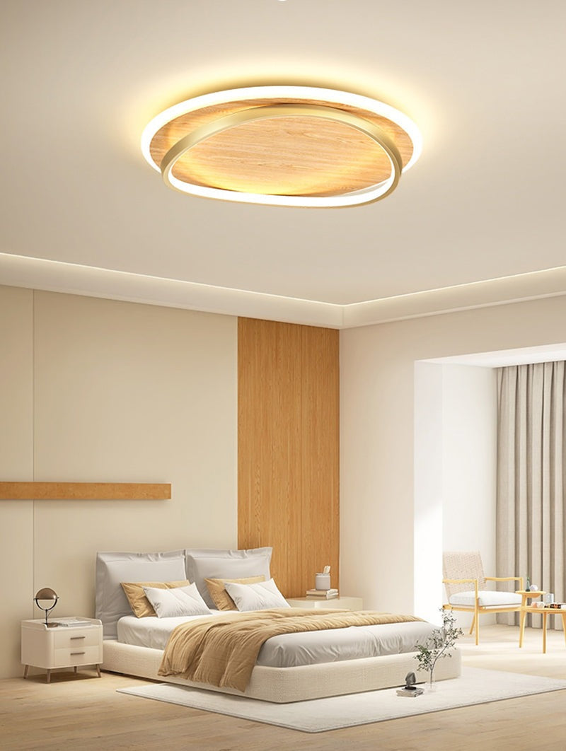 Wooden LED Flush Mount Ceiling Light with Metal Ring in Modern & Contemporary Style Oak in Nordic Bedroom