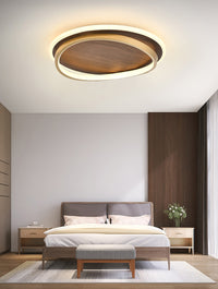 Wooden LED Flush Mount Ceiling Light with Metal Ring in Modern & Contemporary Style Walnut in Minimalist Bedroom