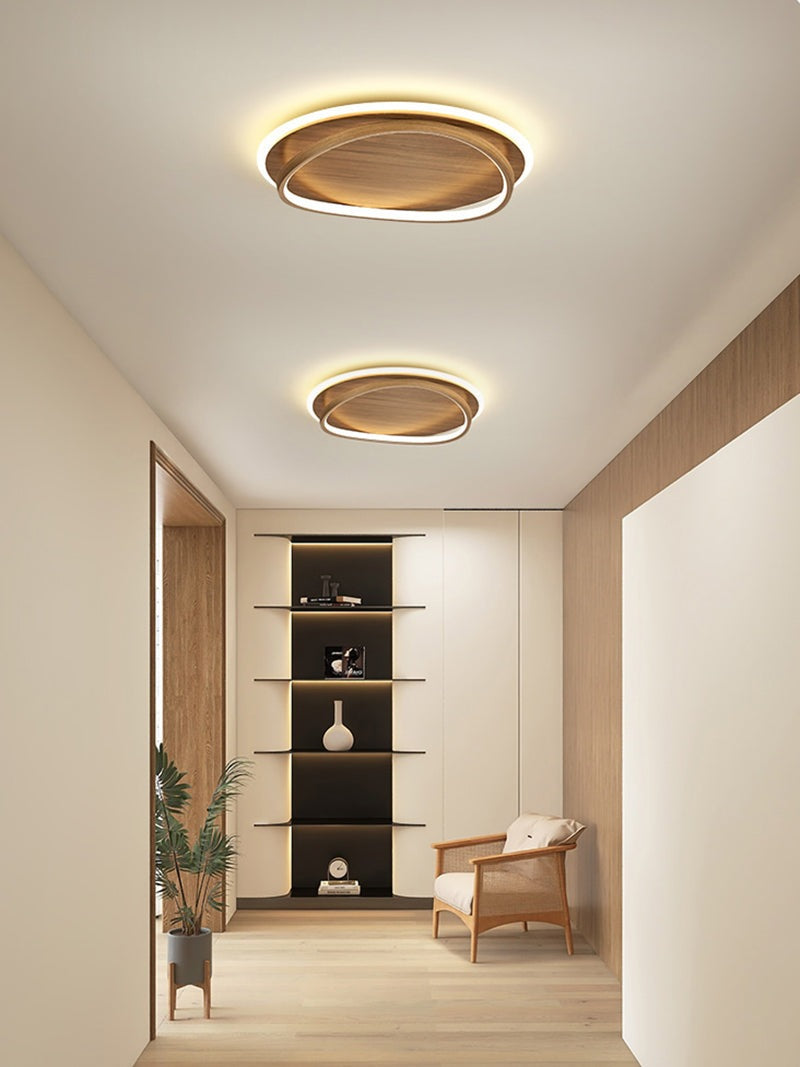 Wooden LED Flush Mount Ceiling Light with Metal Ring in Modern & Contemporary Style Walnut in Minimalist Hallway
