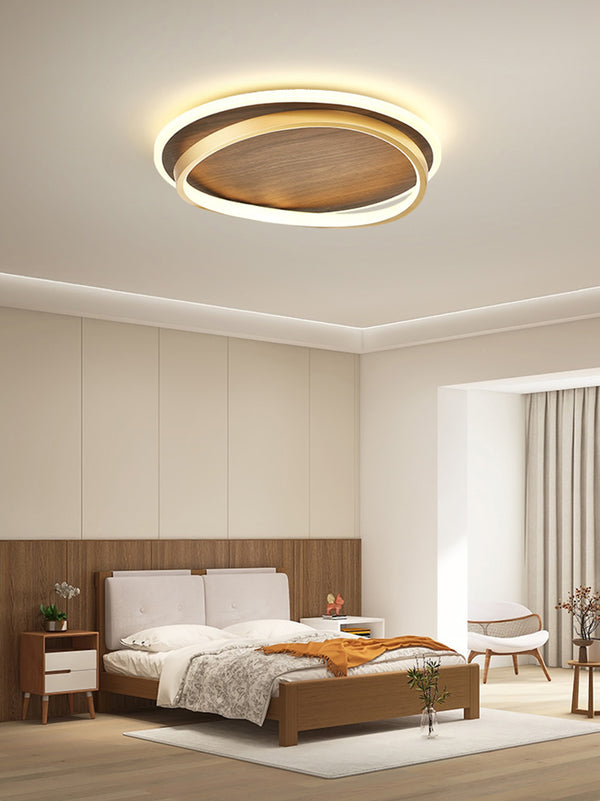 Wooden LED Flush Mount Ceiling Light with Metal Ring in Modern & Contemporary Style in Nordic Bedroom