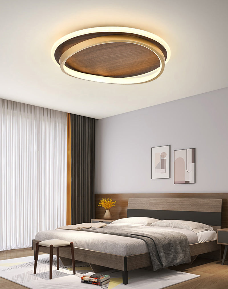 Wooden LED Flush Mount Ceiling Light with Metal Ring in Modern & Contemporary Style Walnut in Scandinavian Bedroom