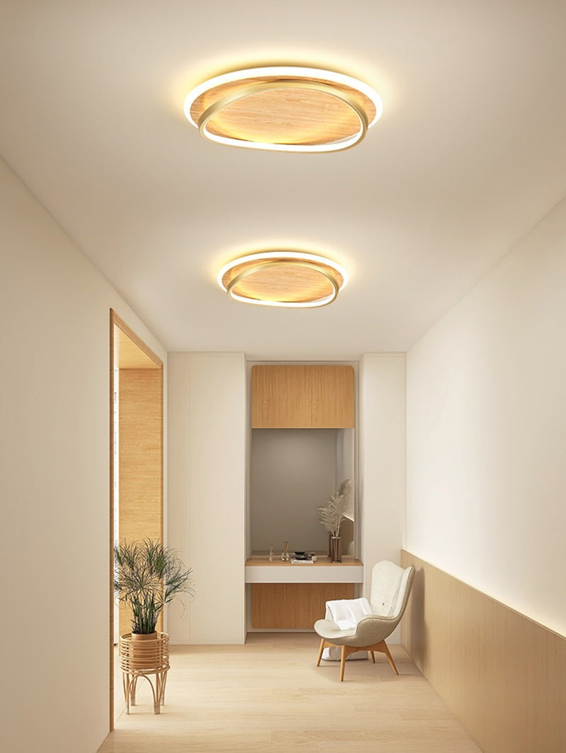 Wooden LED Flush Mount Ceiling Light with Metal Ring in Modern & Contemporary Style in Nordic Hallway