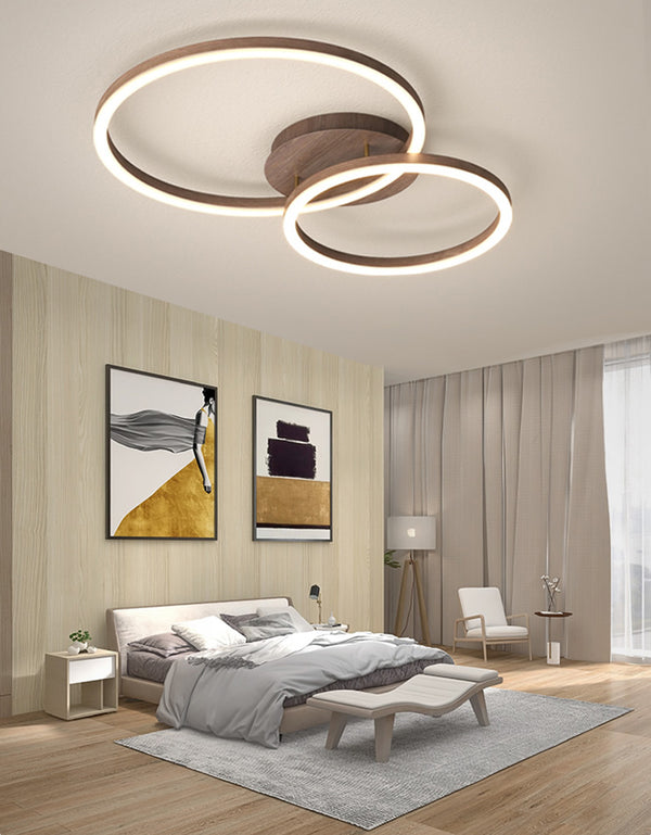 Wooden LED Flush Mount Ceiling Light with Single, Double or Triple Rings in Modern & Contemporary Style_Double_in Modern Bedroom