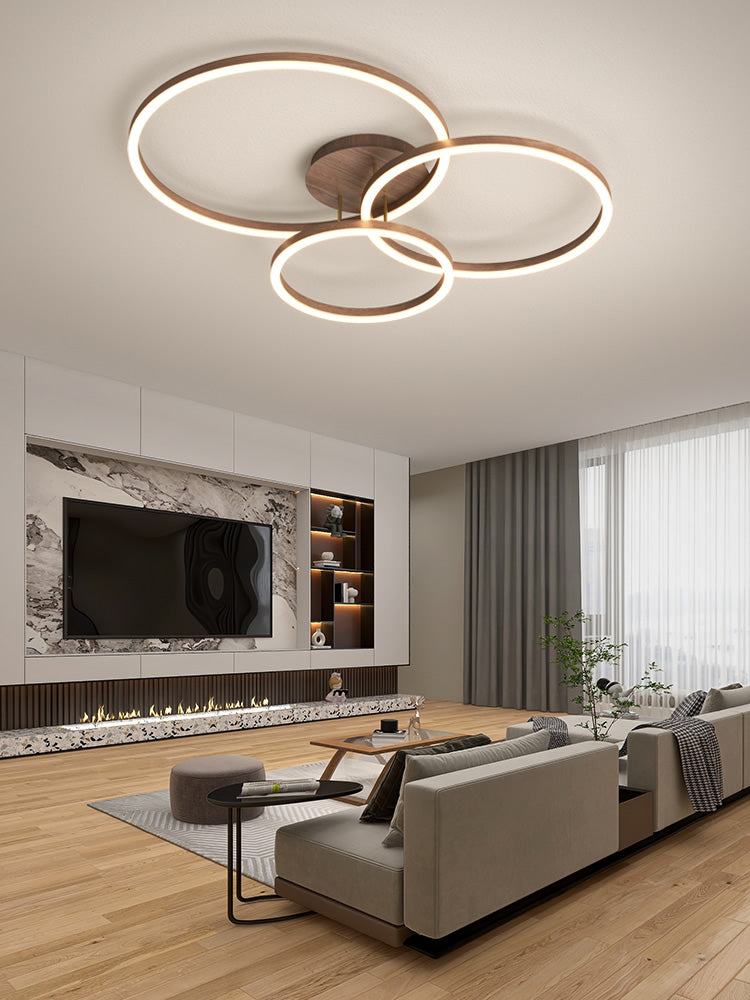 Wooden LED Flush Mount Ceiling Light with Single, Double or Triple Rings in Modern & Contemporary Style_Triple_in Modern Living Room