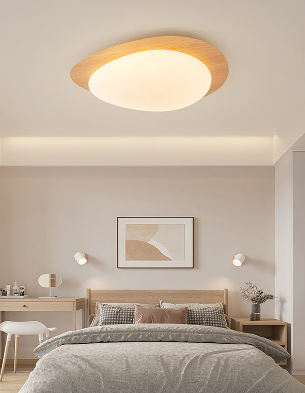 Wooden Pebble LED Flush Mount Ceiling Light in Scandinavian Style Oak in Cozy Nordic Bedroom