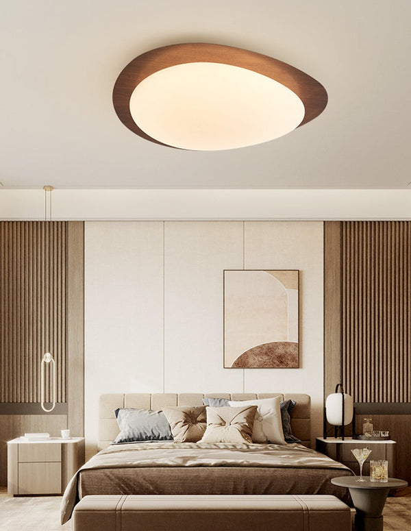 Wooden Pebble LED Flush Mount Ceiling Light in Scandinavian Style Walnut in Scandinavian Bedroom
