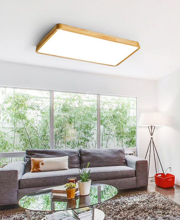 Wooden Rectangular LED Flush Mount Ceiling Light in Scandinavian Style_Oak_in Nordic Living Room