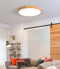 Wooden Round LED Flush Mount Ceiling Light in Scandinavian Style Oak in Cozy Living Room