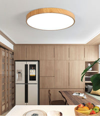 Wooden Round LED Flush Mount Ceiling Light in Scandinavian Style Oak in Nordic Kitchen