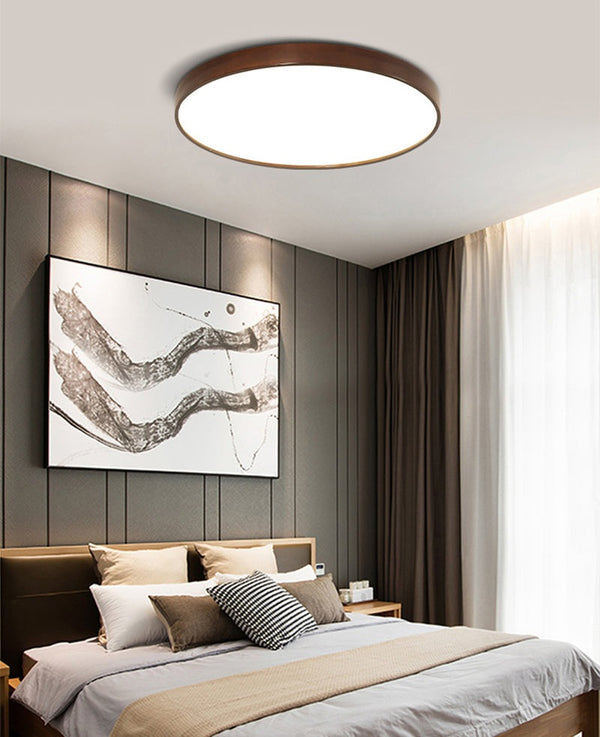 Wooden Round LED Flush Mount Ceiling Light in Scandinavian Style Walnut in Cozy Bedroom