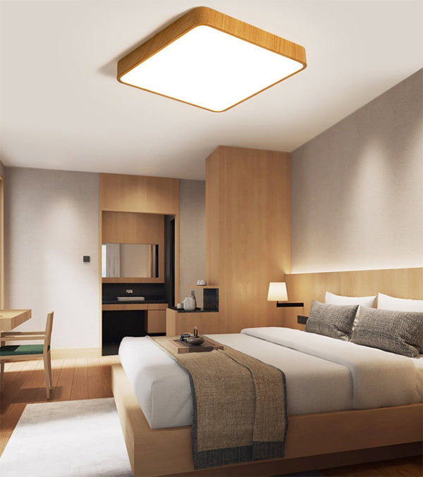 Wooden Square LED Flush Mount Ceiling Light in Scandinavian Style Oak in Minimalist Bedroom