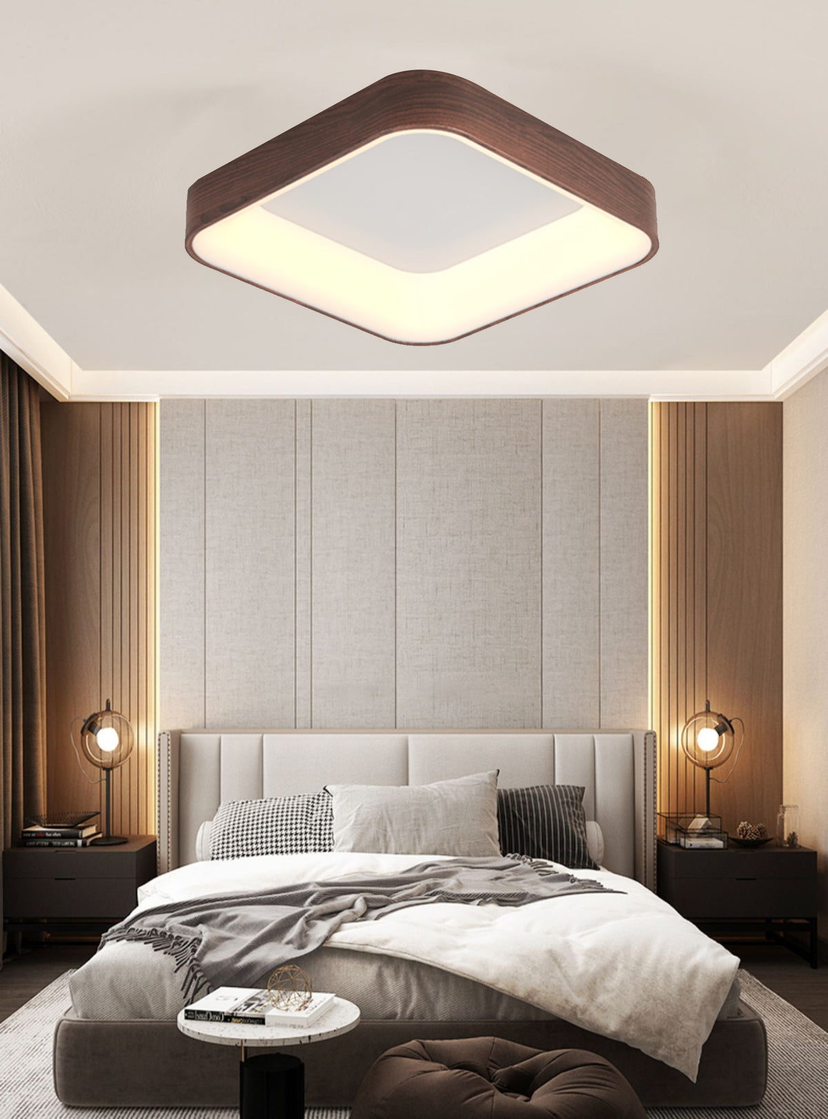 Wooden Square Ring LED Flush Mount Ceiling Light in Scandinavian Style in Cozy Bedroom