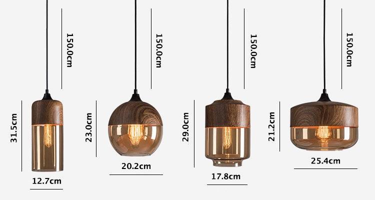 Nordic Wooden Ceiling Pendant Light with Tea Colored Glass Shade
