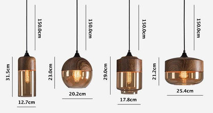 Nordic Wooden Ceiling Pendant Light with Tea Colored Glass Shade