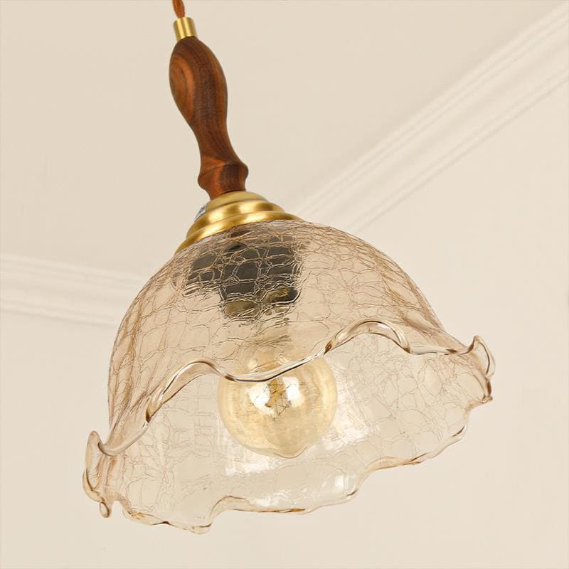 Vintage Brown Crackle Glass Ceiling Pendant Light with Wooden Handle