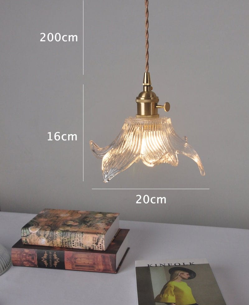 Vintage Lily Flower Fluted Glass Pendant Light_Dimensions