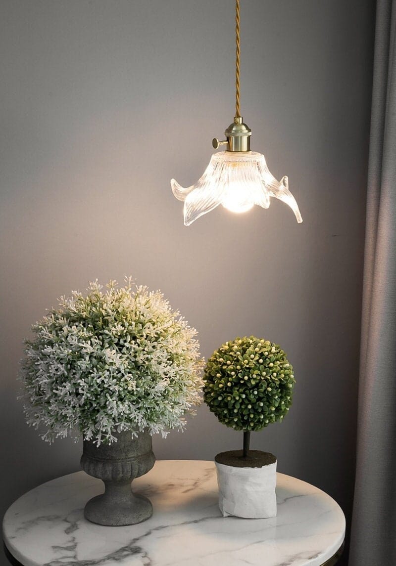Vintage Lily Flower Fluted Glass Pendant Light_Farmhouse Living Room Corner