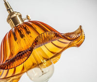 Fluted Glass Pendant LED Light with Handkerchief Lampshade in French Vintage Style - Bulb Included