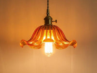Fluted Glass Pendant LED Light with Handkerchief Lampshade in French Vintage Style - Bulb Included