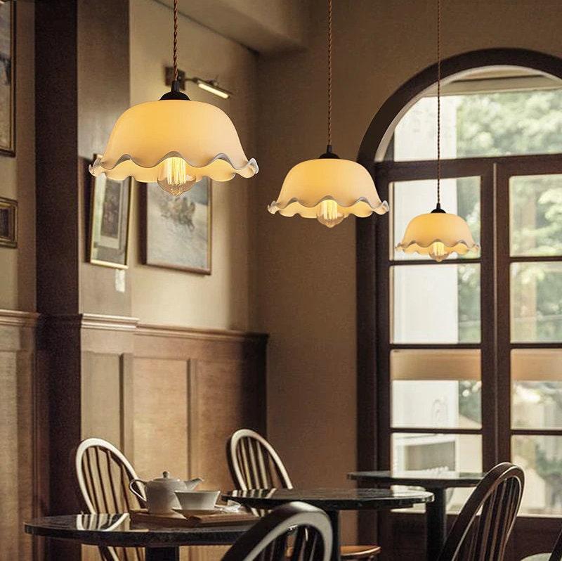 Opaline Glass Pendant LED Light with Handkerchief Lampshade in French Vintage Style - Bulb Included