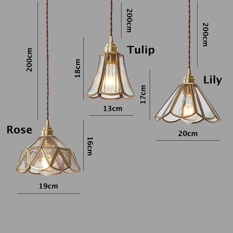 Glass Flower Pendant LED Light with Brass Frame in Vintage Style - Bulb Included
