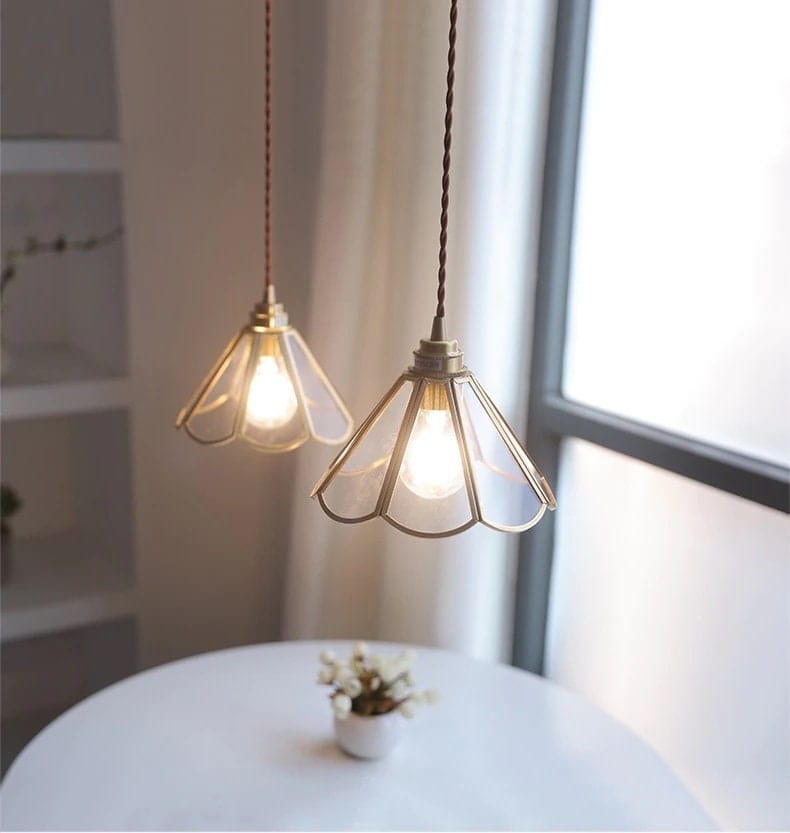 Glass Flower Pendant LED Light with Brass Frame in Vintage Style - Bulb Included