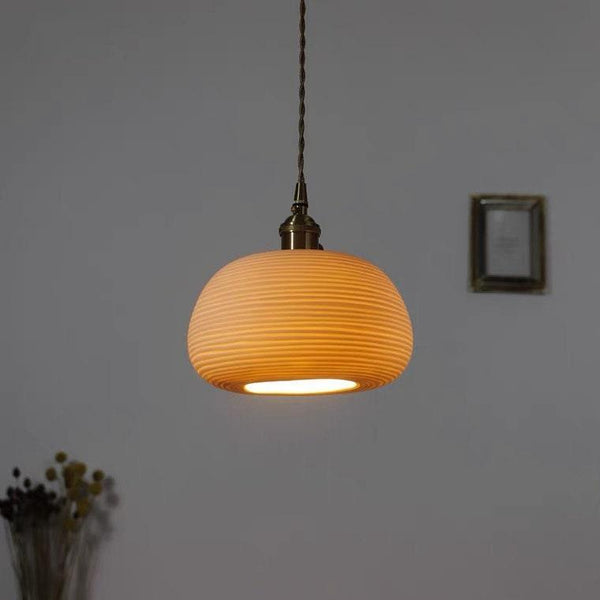 Ceramic Ribbed Pendant LED Light in Japanese Dome Shape - Bulb Included