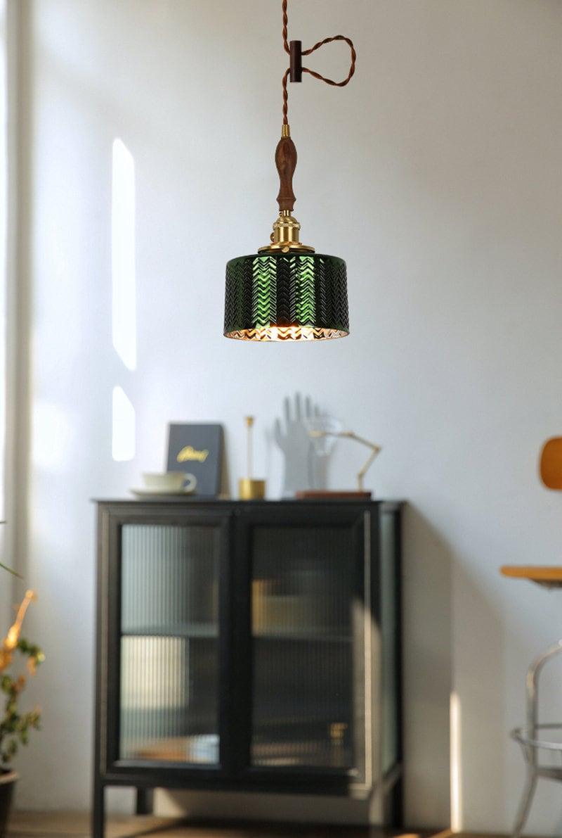 Shiny Green Glass Cylinder Pendant LED Light in Art Deco Style - Bulb Included