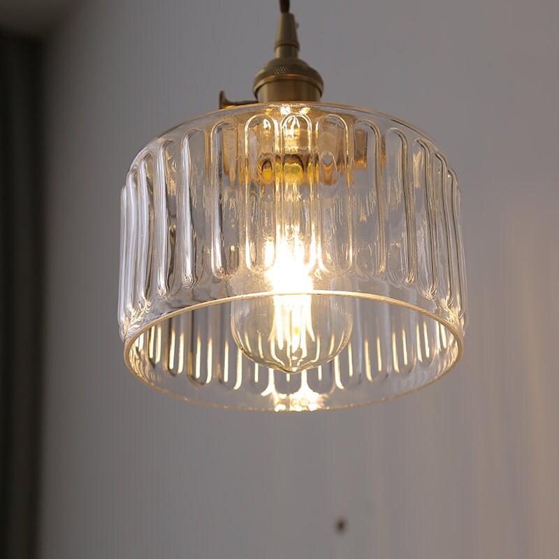 Fluted Glass Short Cylinder Pendant LED Light in Vintage Style - Bulb Included
